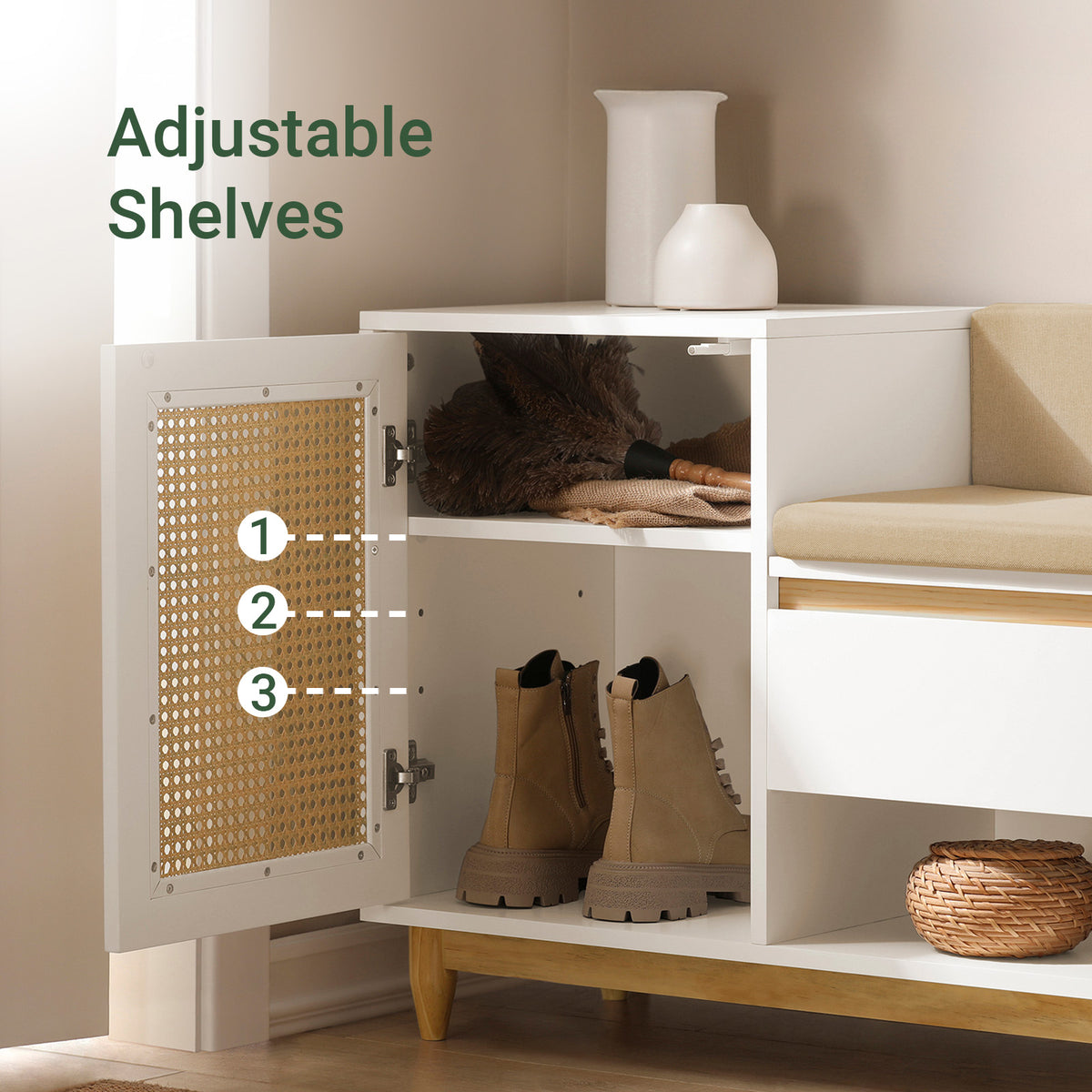 SoBuy FSR128-W Shoe Storage Bench Shoe Rack with Cushion – Large Capacity Entryway Cabinet with Adjustable Shelves & Rattan Door – Ideal for Hallway & Bedroom – White 100×35×60cm