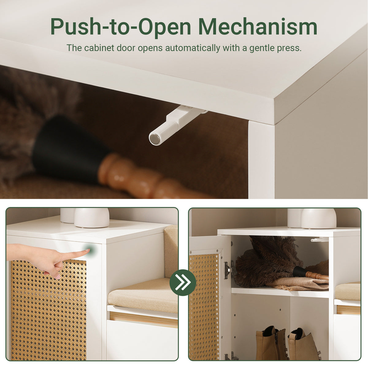 SoBuy FSR128-W Shoe Storage Bench Shoe Rack with Cushion – Large Capacity Entryway Cabinet with Adjustable Shelves & Rattan Door – Ideal for Hallway & Bedroom – White 100×35×60cm
