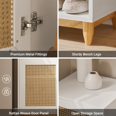 SoBuy FSR128-W Shoe Storage Bench Shoe Rack with Cushion – Large Capacity Entryway Cabinet with Adjustable Shelves & Rattan Door – Ideal for Hallway & Bedroom – White 100×35×60cm