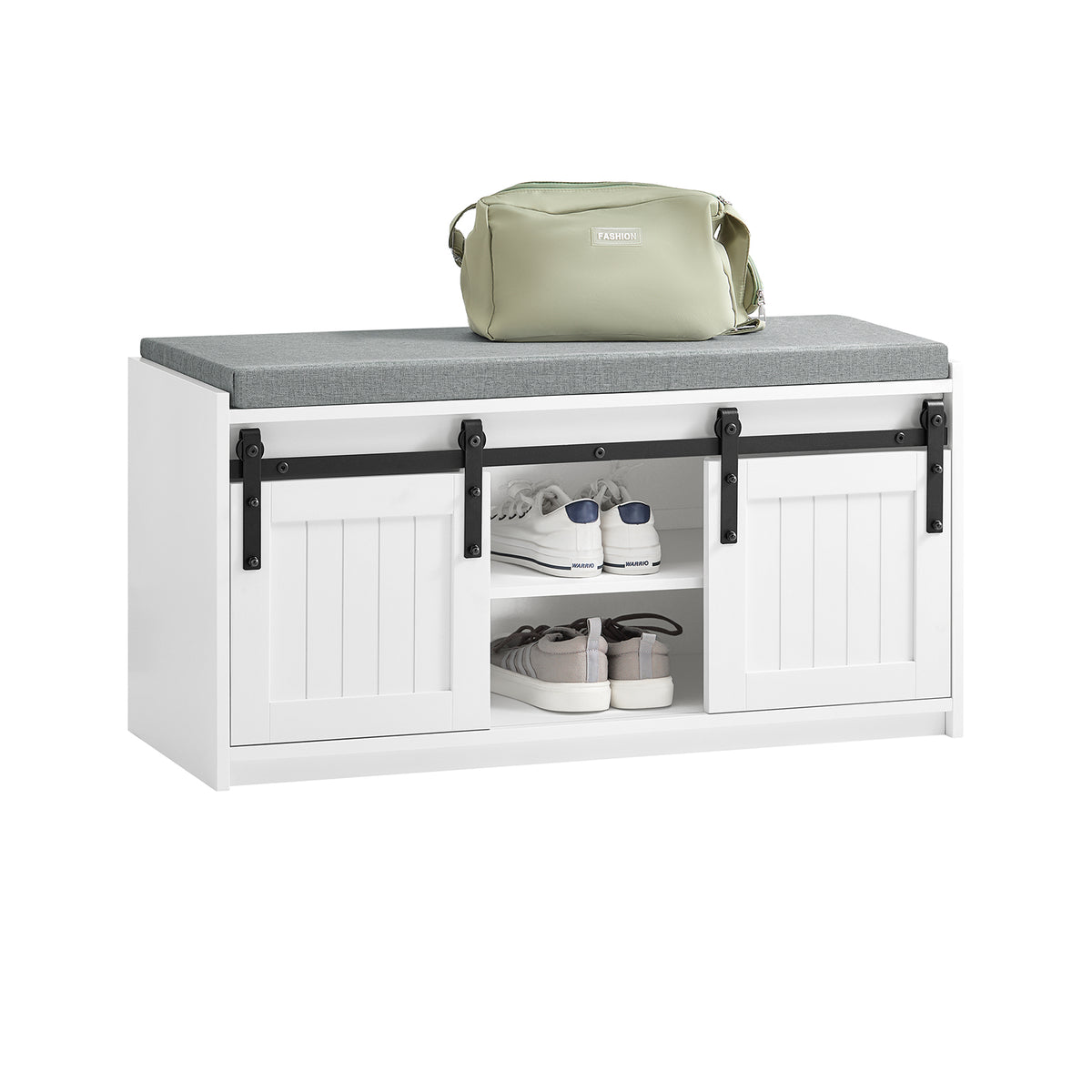 SoBuy FSR133-K-W, Hallway Shoe Bench Shoe Cabinet Shoe Rack with 2 Sliding Doors and Seat Cushion, White