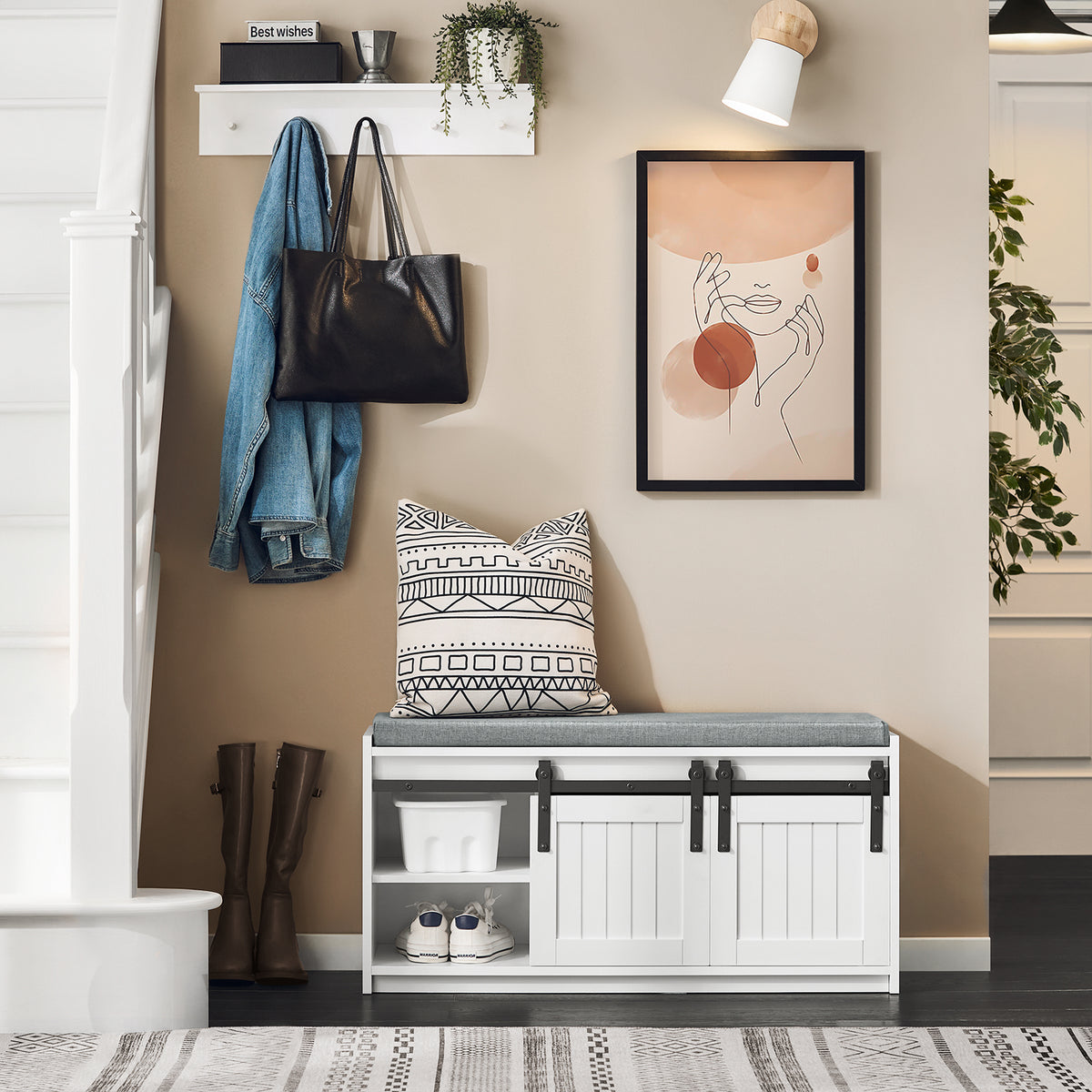 SoBuy FSR133-K-W, Hallway Shoe Bench Shoe Cabinet Shoe Rack with 2 Sliding Doors and Seat Cushion, White