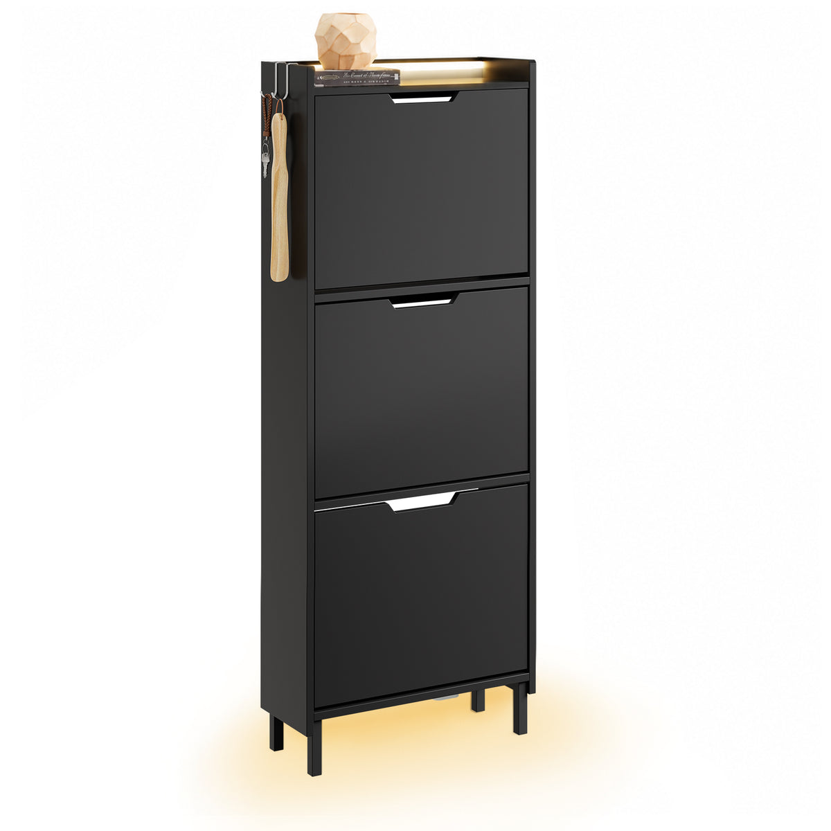 SoBuy FSR151-H-E-SCH, Wall-Mounted Shoe Cabinet with Sensor Light 19 cm for Hallway | Slim LED Shoe Rack for Entryways and Small Flats