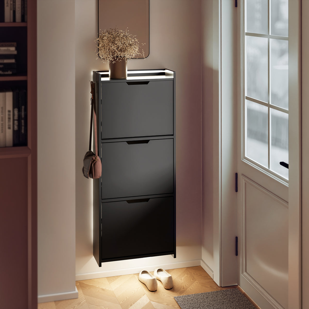 SoBuy FSR151-H-E-SCH, Wall-Mounted Shoe Cabinet with Sensor Light 19 cm for Hallway | Slim LED Shoe Rack for Entryways and Small Flats
