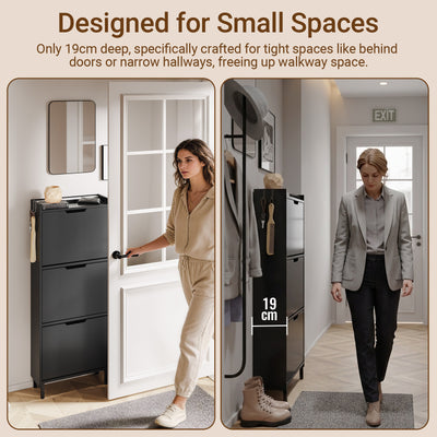 SoBuy FSR151-H-E-SCH, Wall-Mounted Shoe Cabinet with Sensor Light 19 cm for Hallway | Slim LED Shoe Rack for Entryways and Small Flats