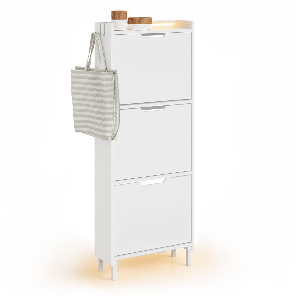 SoBuy FSR151-H-E-W, Wall-Mounted Shoe Cabinet with Sensor Light 19 cm for Hallway | Slim LED Shoe Rack for Entryways and Small Flats