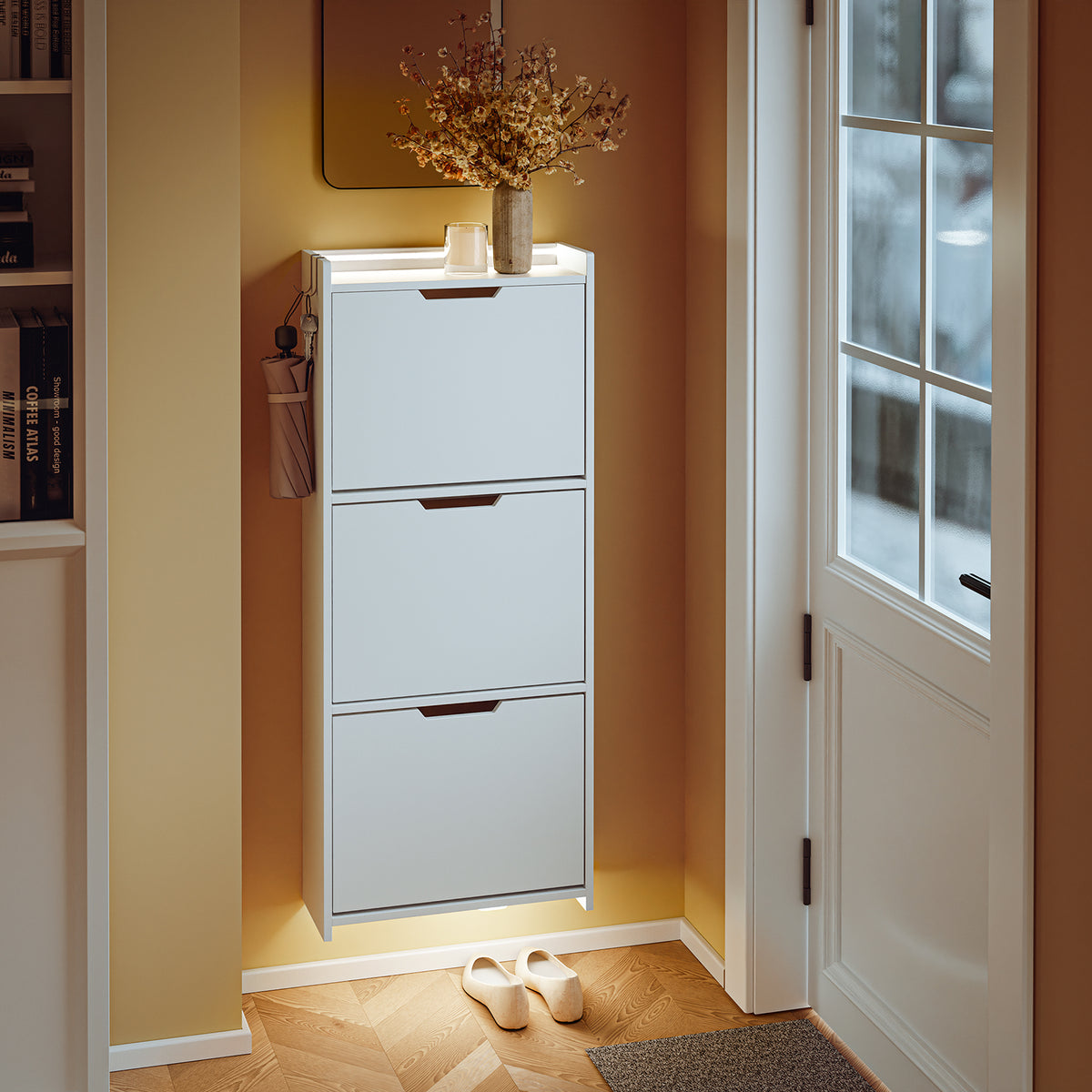SoBuy FSR151-H-E-W, Wall-Mounted Shoe Cabinet with Sensor Light 19 cm for Hallway | Slim LED Shoe Rack for Entryways and Small Flats