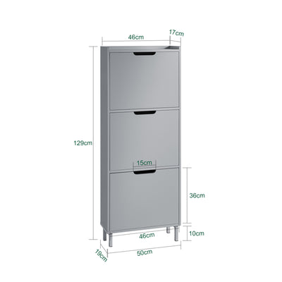 SoBuy FSR151-H-HG, Narrow Shoe Rack with 3 Flip Drawers Slim Wooden Shoe Storage Cupboard for Hallway Entrance Foyer or Understairs Grey W50 x D19 x H129cm