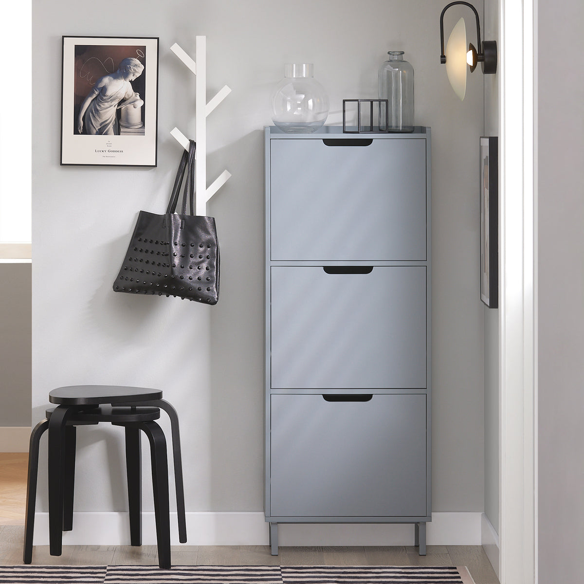 SoBuy FSR151-H-HG, Narrow Shoe Rack with 3 Flip Drawers Slim Wooden Shoe Storage Cupboard for Hallway Entrance Foyer or Understairs Grey W50 x D19 x H129cm