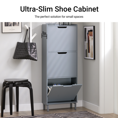 SoBuy FSR151-H-HG, Narrow Shoe Rack with 3 Flip Drawers Slim Wooden Shoe Storage Cupboard for Hallway Entrance Foyer or Understairs Grey W50 x D19 x H129cm