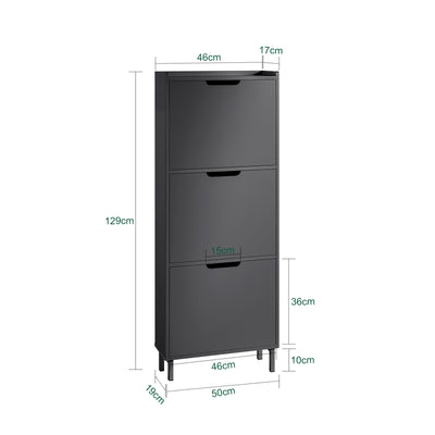 SoBuy FSR151-H-SCH, Narrow Shoe Rack with 3 Flip Drawers Slim Wooden Shoe Storage Cupboard for Hallway Entrance Foyer or Understairs Black W50 x D19 x H129cm
