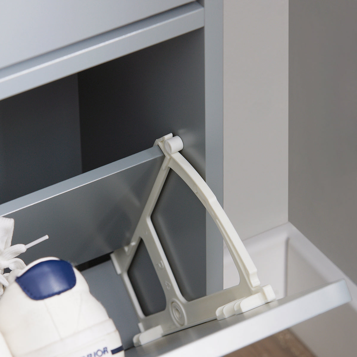 FSR151-HG flip drawer open on grey shoe cabinet showing internal shoe rack storage