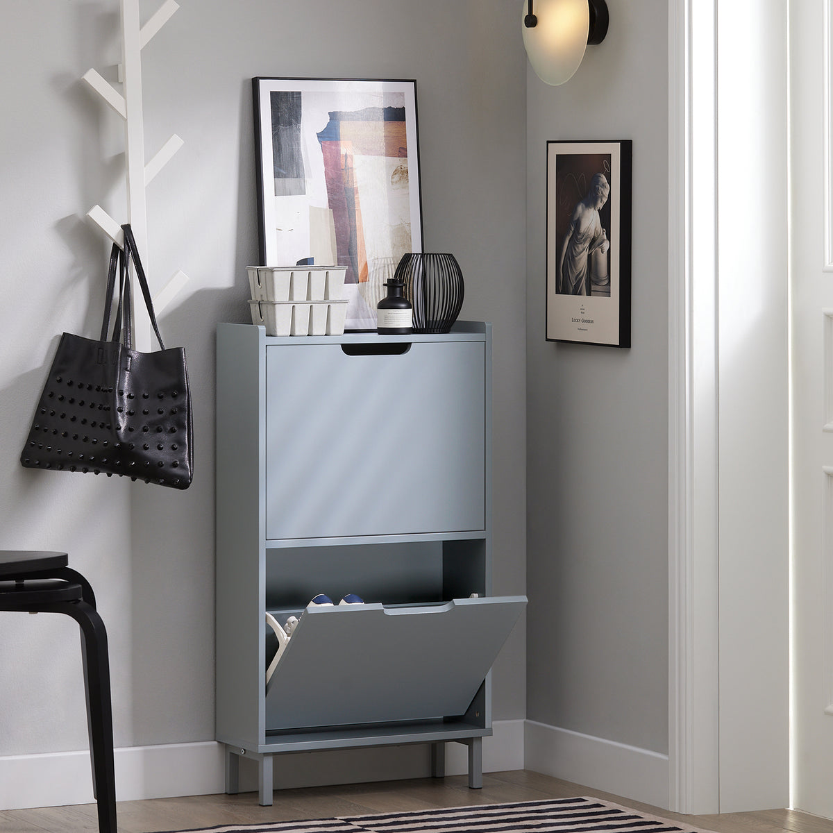 FSR151-HG grey slim shoe cabinet in hallway scene showing space-saving 19cm depth