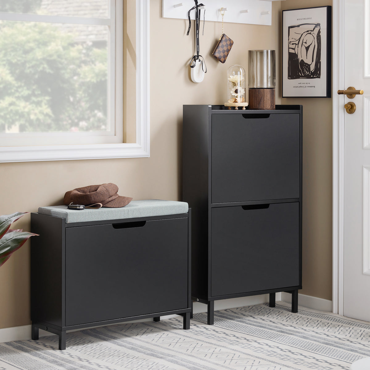 SoBuy FSR151-K-SCH, Hallway Shoe Bench Shoe Rack Shoe Cabinet with Seat Cushion and Flip-drawer, Black