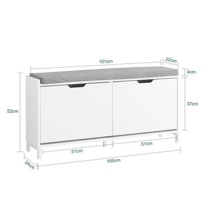 SoBuy FSR151-L-W, Shoe Storage Bench with Cushion Seat – Wooden Shoe Cabinet – Holds 8 Pairs of Shoes – Sturdy Iron Legs – for Entryway & Hallway – White + Grey – 105x24x52 cm
