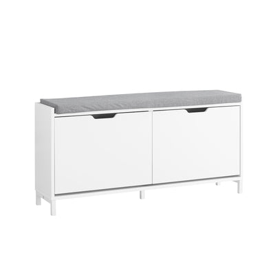 SoBuy FSR151-L-W, Shoe Storage Bench with Cushion Seat – Wooden Shoe Cabinet – Holds 8 Pairs of Shoes – Sturdy Iron Legs – for Entryway & Hallway – White + Grey – 105x24x52 cm
