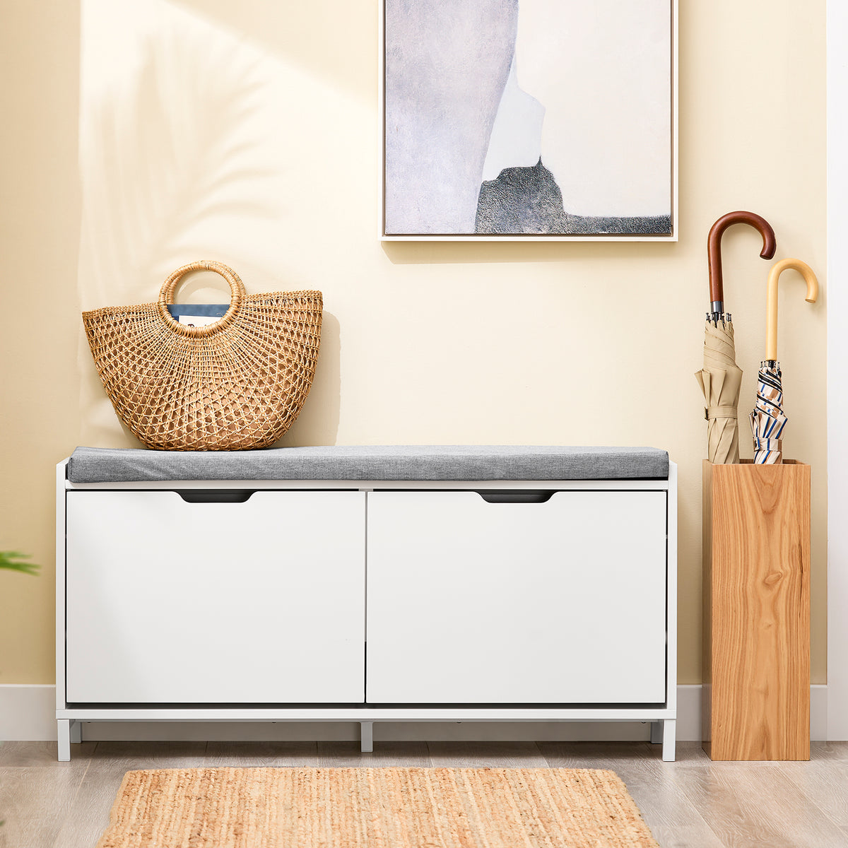 SoBuy FSR151-L-W, Shoe Storage Bench with Cushion Seat – Wooden Shoe Cabinet – Holds 8 Pairs of Shoes – Sturdy Iron Legs – for Entryway & Hallway – White + Grey – 105x24x52 cm
