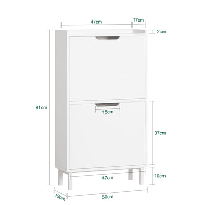 SoBuy FSR151-W, Narrow Shoe Rack with 2 Flip Drawers Slim Wooden Shoe Storage Cupboard for Hallway Entrance Foyer or Understairs White W50 x D19 x H91cm