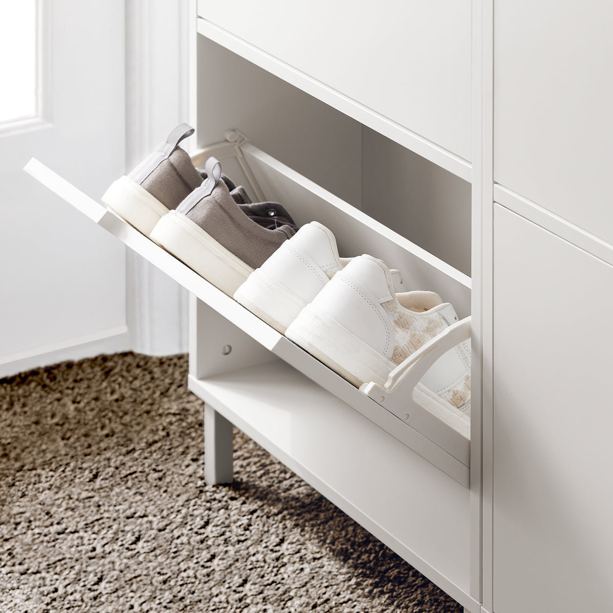 SoBuy FSR151-W, Narrow Shoe Rack with 2 Flip Drawers Slim Wooden Shoe Storage Cupboard for Hallway Entrance Foyer or Understairs White W50 x D19 x H91cm
