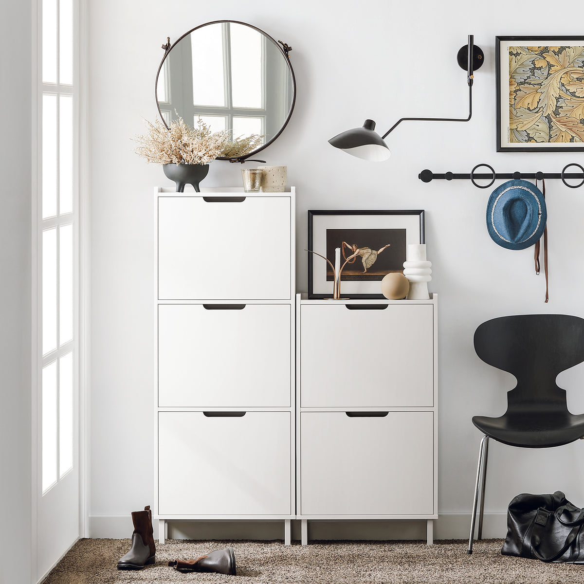 SoBuy FSR151-W, Narrow Shoe Rack with 2 Flip Drawers Slim Wooden Shoe Storage Cupboard for Hallway Entrance Foyer or Understairs White W50 x D19 x H91cm