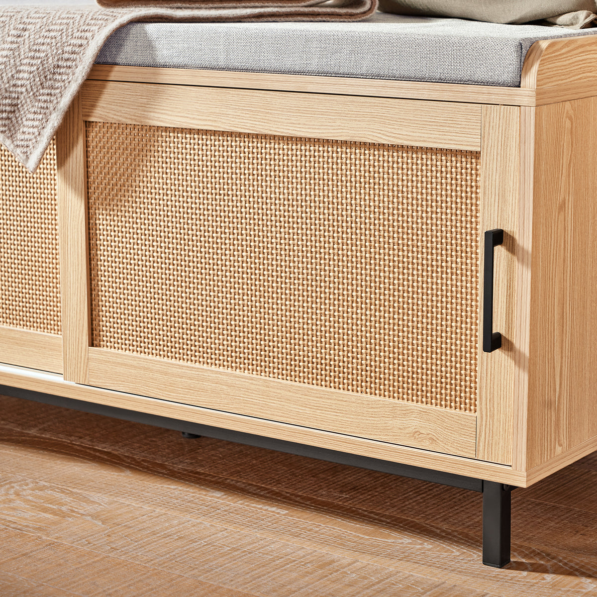 SoBuy FSR154-N, Hallway Storage Bench Shoe Bench Shoe Rack Shoe Cabinet with 2 Sliding Doors and Seat Cushion, Wood