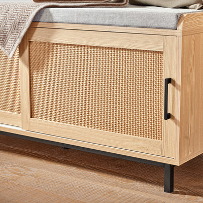 SoBuy FSR154-N, Hallway Storage Bench Shoe Bench Shoe Rack Shoe Cabinet with 2 Sliding Doors and Seat Cushion, Wood
