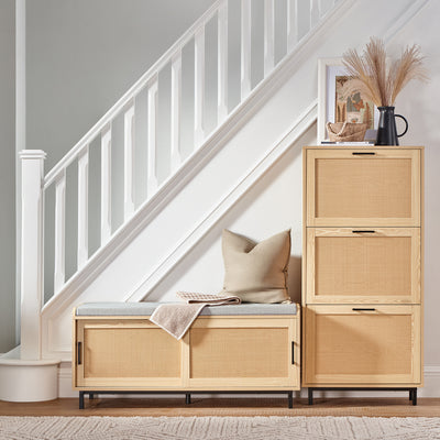 SoBuy FSR154-N, Hallway Storage Bench Shoe Bench Shoe Rack Shoe Cabinet with 2 Sliding Doors and Seat Cushion, Wood
