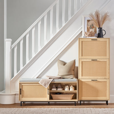 SoBuy FSR154-N, Hallway Storage Bench Shoe Bench Shoe Rack Shoe Cabinet with 2 Sliding Doors and Seat Cushion, Wood