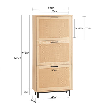 SoBuy FSR155-N, 3 Flip-drawers Shoe Cabinet Shoe Rack Shoe Storage Cupboard Organizer, Natural, W60 x D24 x H127cm