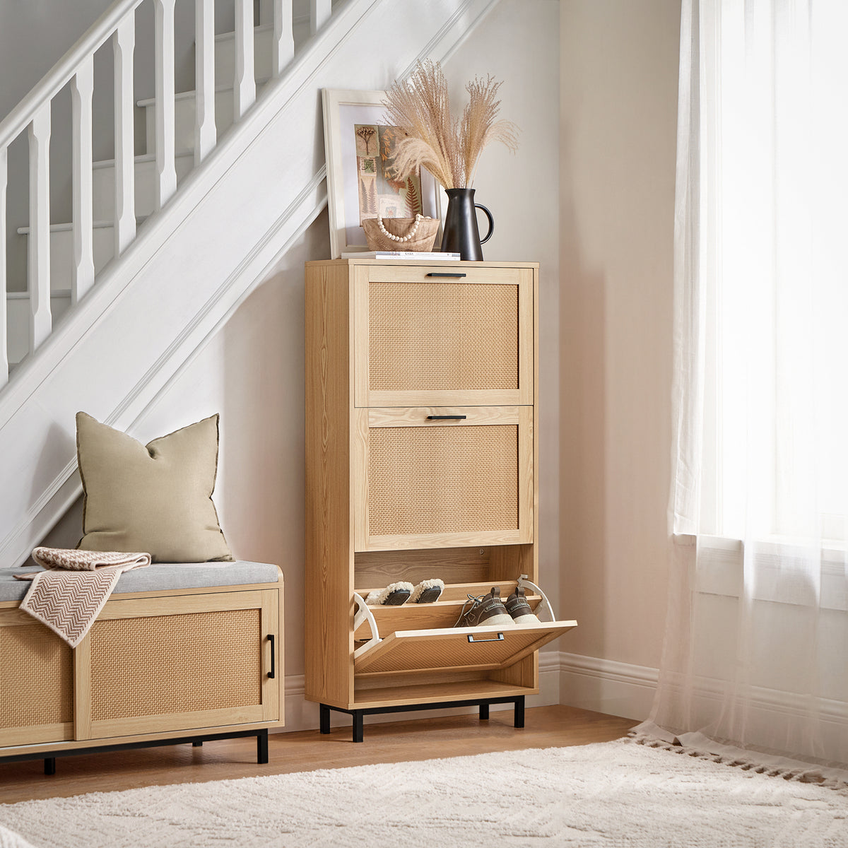 SoBuy FSR155-N, 3 Flip-drawers Shoe Cabinet Shoe Rack Shoe Storage Cupboard Organizer, Natural, W60 x D24 x H127cm
