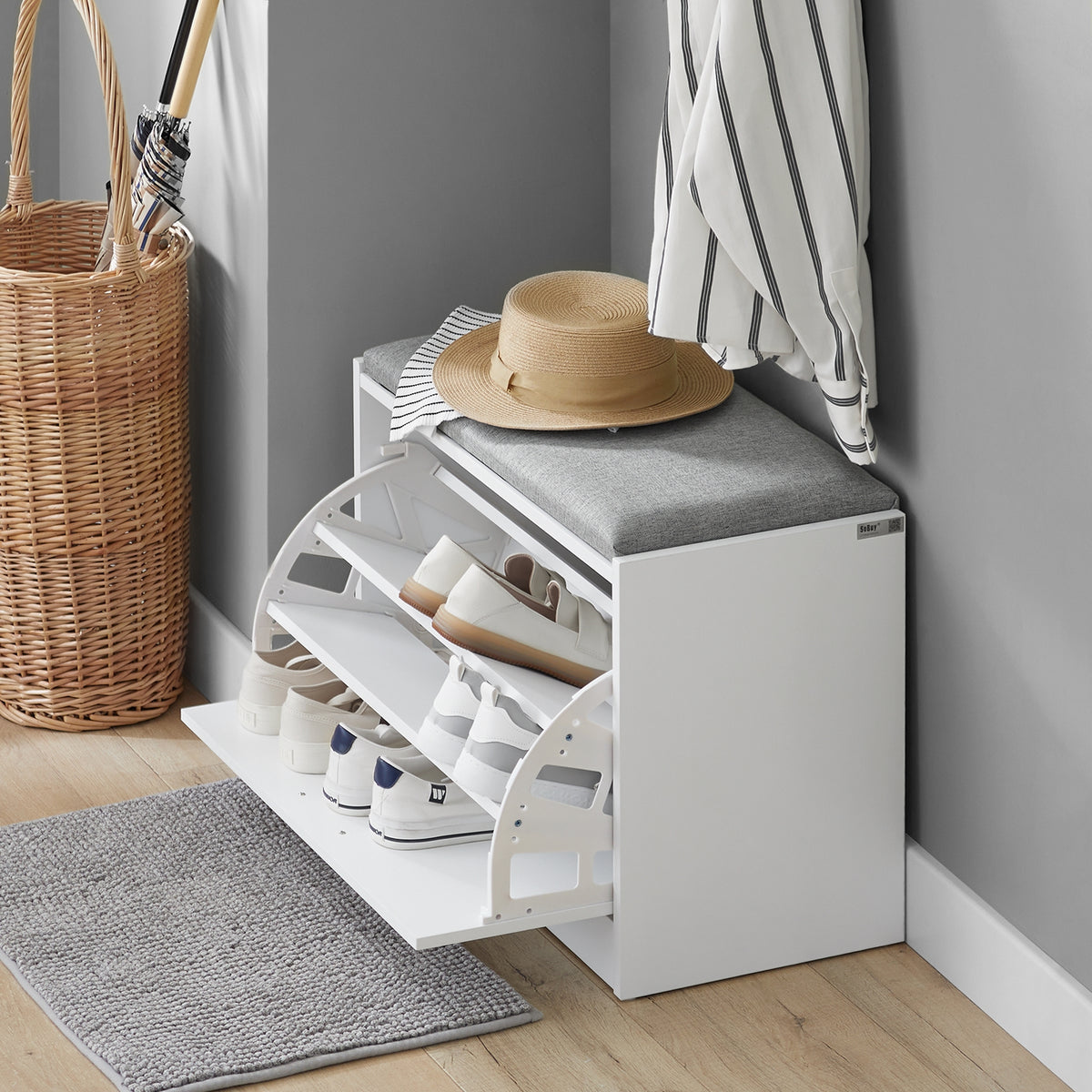 SoBuy FSR16-HG, Shoe Storage Bench Shoe Cabinet - Flip Drawer + Removable Shelves - Cushioned Seat for Entryway or Hallway - Wooden Furniture Unit, White + Grey, 60x30x46cm, 150kg Load