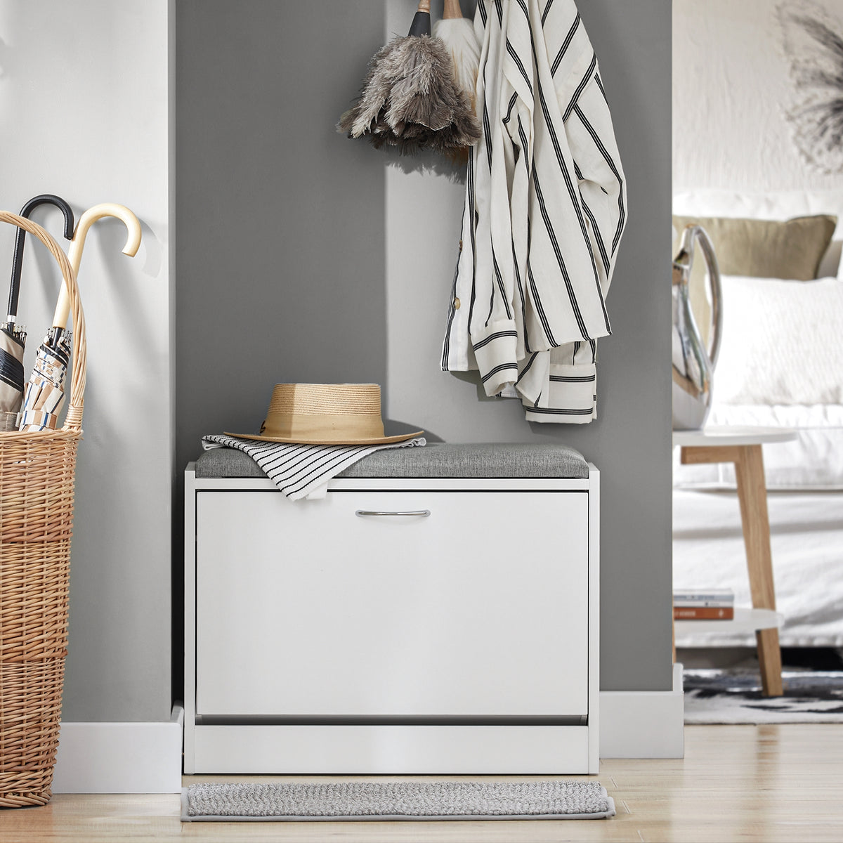 SoBuy FSR16-HG, Shoe Storage Bench Shoe Cabinet - Flip Drawer + Removable Shelves - Cushioned Seat for Entryway or Hallway - Wooden Furniture Unit, White + Grey, 60x30x46cm, 150kg Load