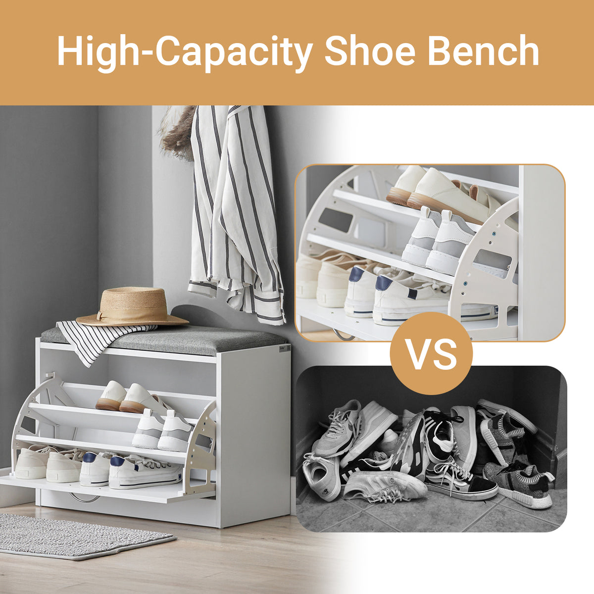 SoBuy FSR16-HG, Shoe Storage Bench Shoe Cabinet - Flip Drawer + Removable Shelves - Cushioned Seat for Entryway or Hallway - Wooden Furniture Unit, White + Grey, 60x30x46cm, 150kg Load
