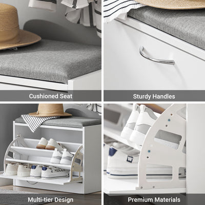 SoBuy FSR16-HG, Shoe Storage Bench Shoe Cabinet - Flip Drawer + Removable Shelves - Cushioned Seat for Entryway or Hallway - Wooden Furniture Unit, White + Grey, 60x30x46cm, 150kg Load