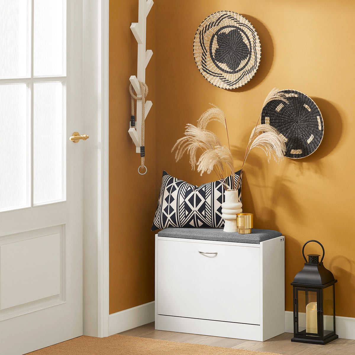 SoBuy FSR16-K-W, Hallway Shoe Bench Cabinet with Flip-drawer and Seat Cushion, White