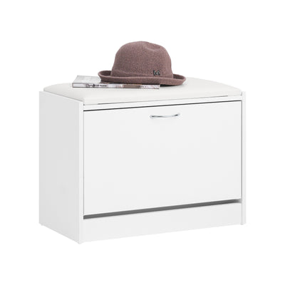 SoBuy FSR16-W, White Shoe Storage Bench with Flip-drawer, Shoe Cabinet with Seat Cushion, White