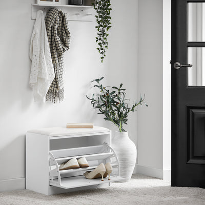 SoBuy FSR16-W, White Shoe Storage Bench with Flip-drawer, Shoe Cabinet with Seat Cushion, White