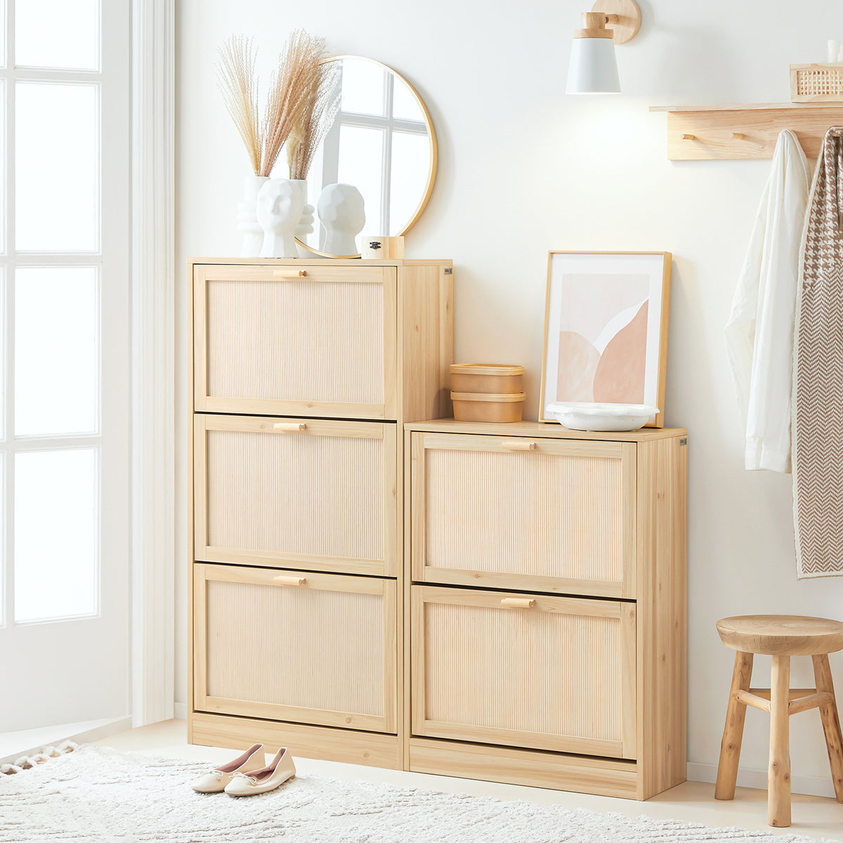 SoBuy FSR163-N+FSR160-N, Shoe Cabinet + Shoe Bench With Sliding Door, Natural Hallway Set