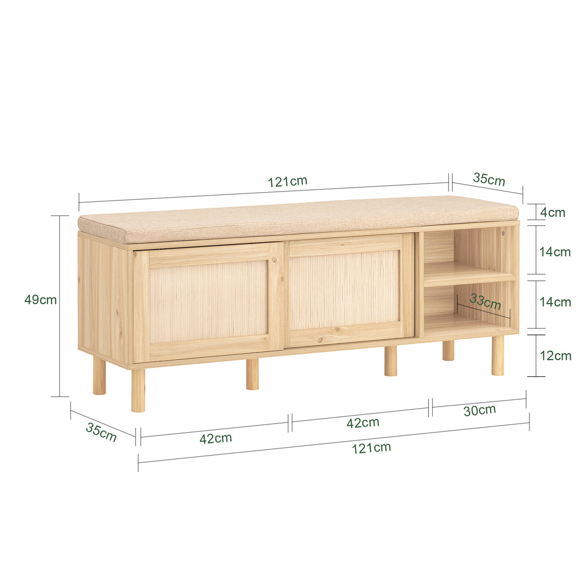 SoBuy FSR163-N, Wooden Shoe Storage Bench with Seat Cushion – Shoe Rack Cabinet with Sliding Doors, 6 Compartments for Entryway, Hallway or Bedroom – 230kg Load, 121×35×49cm