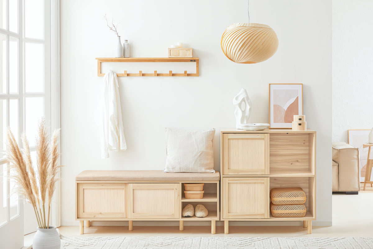 SoBuy FSR163-N, Wooden Shoe Storage Bench with Seat Cushion – Shoe Rack Cabinet with Sliding Doors, 6 Compartments for Entryway, Hallway or Bedroom – 230kg Load, 121×35×49cm