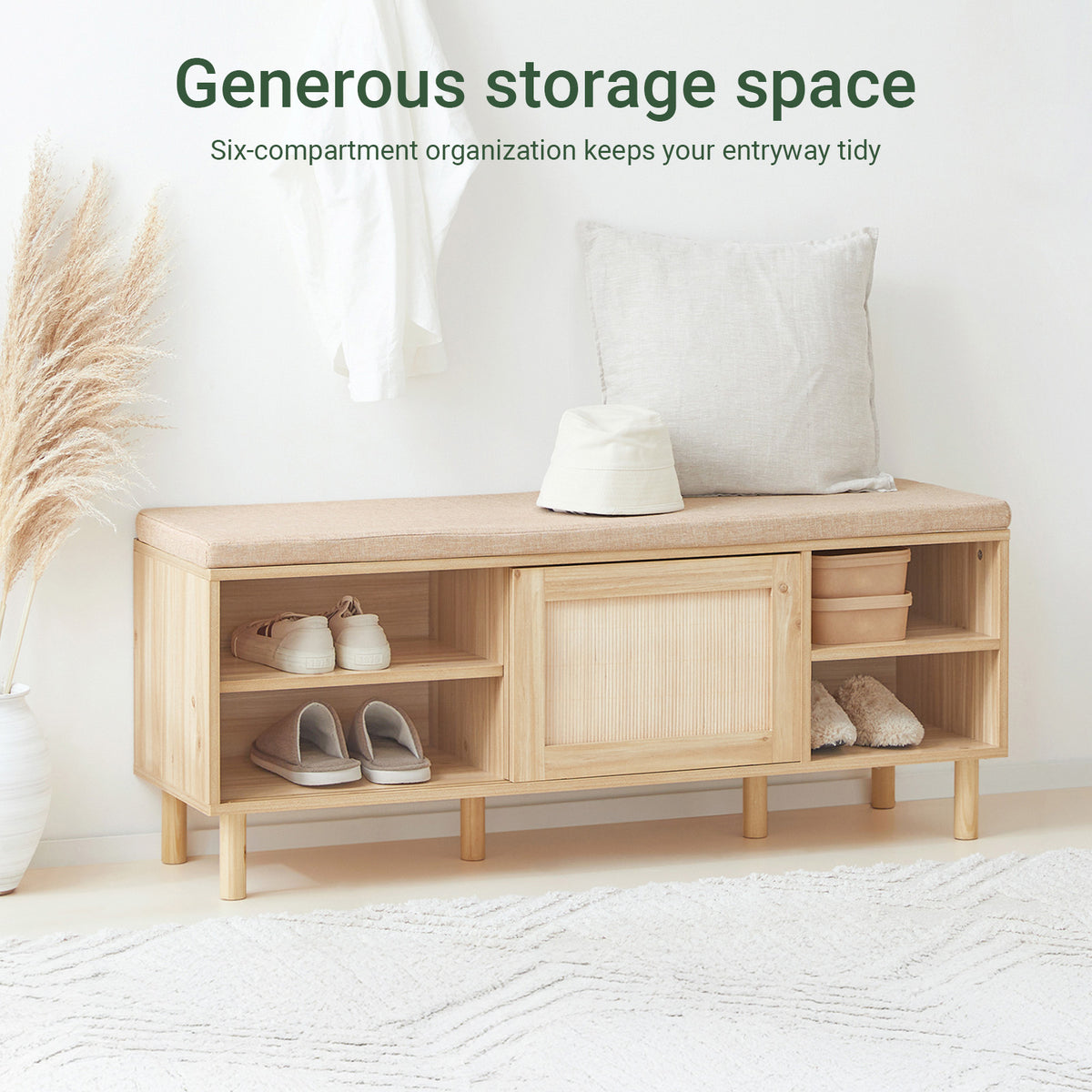 SoBuy FSR163-N, Wooden Shoe Storage Bench with Seat Cushion – Shoe Rack Cabinet with Sliding Doors, 6 Compartments for Entryway, Hallway or Bedroom – 230kg Load, 121×35×49cm