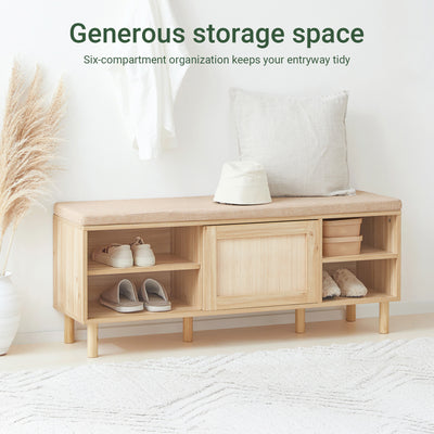 SoBuy FSR163-N, Wooden Shoe Storage Bench with Seat Cushion – Shoe Rack Cabinet with Sliding Doors, 6 Compartments for Entryway, Hallway or Bedroom – 230kg Load, 121×35×49cm