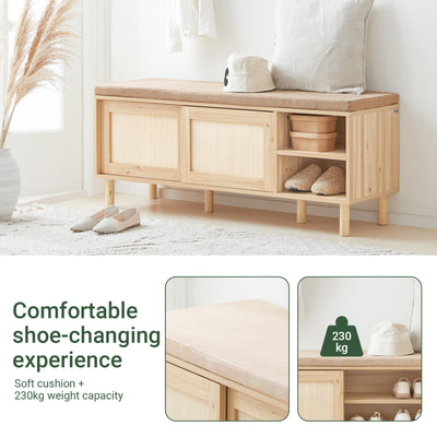 SoBuy FSR163-N, Wooden Shoe Storage Bench with Seat Cushion – Shoe Rack Cabinet with Sliding Doors, 6 Compartments for Entryway, Hallway or Bedroom – 230kg Load, 121×35×49cm