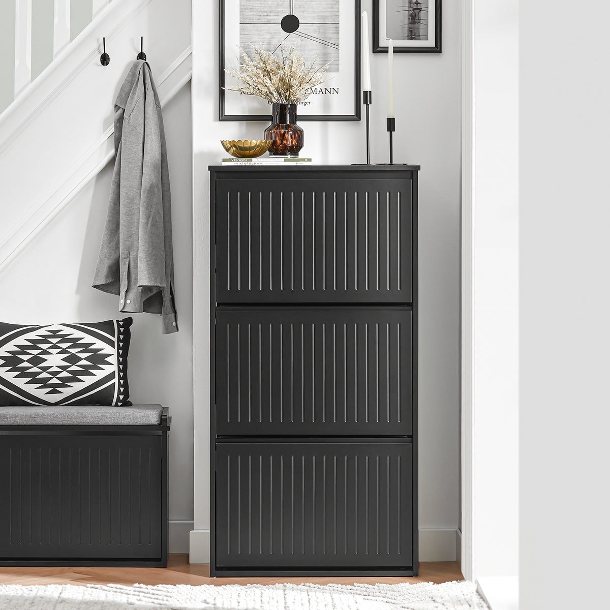SoBuy FSR165-H-SCH, 3 Flip-drawers Shoe Cabinet Shoe Rack Shoe Storage Cupboard, Black