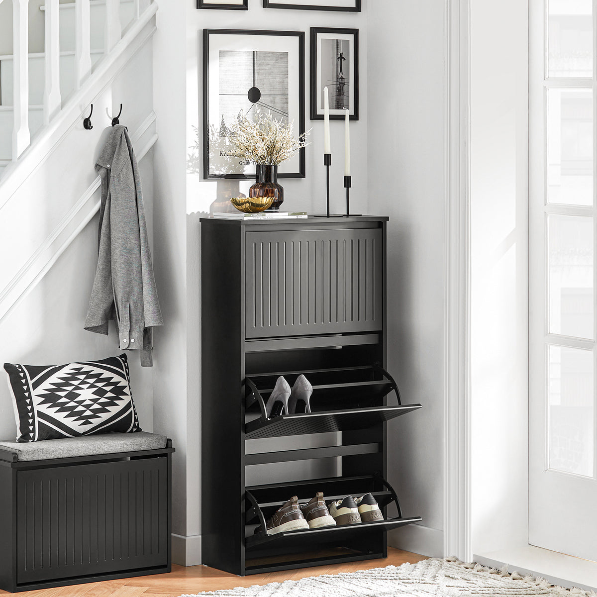 SoBuy FSR165-H-SCH, 3 Flip-drawers Shoe Cabinet Shoe Rack Shoe Storage Cupboard, Black