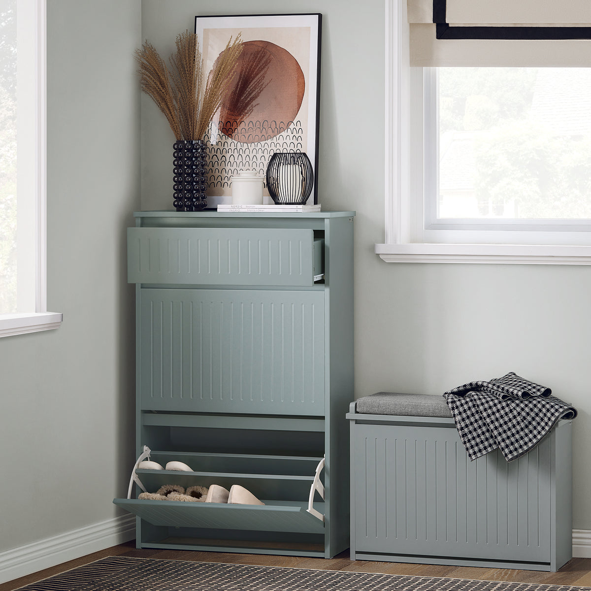 SoBuy FSR165-HG, 2 Flip-drawers 1 Pull Out Drawer Shoe Cabinet Shoe Rack Shoe Storage Cupboard, Grey
