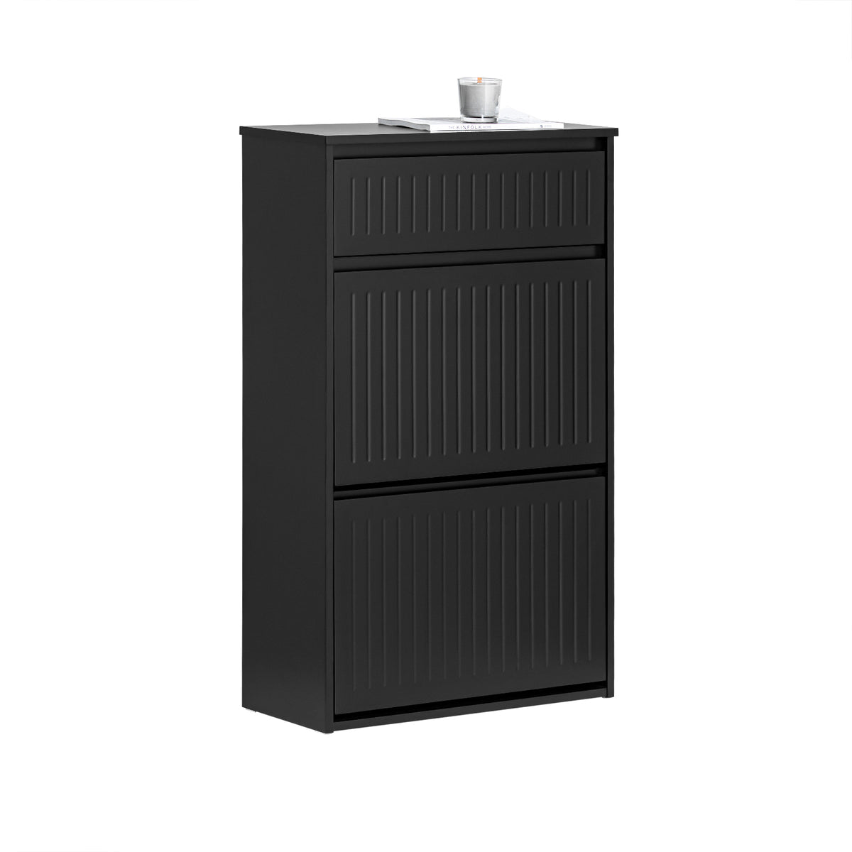 SoBuy FSR165-SCH black slim shoe cabinet with 2 flip drawers and pull-out drawer – white background