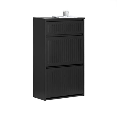 SoBuy FSR165-SCH black slim shoe cabinet with 2 flip drawers and pull-out drawer – white background