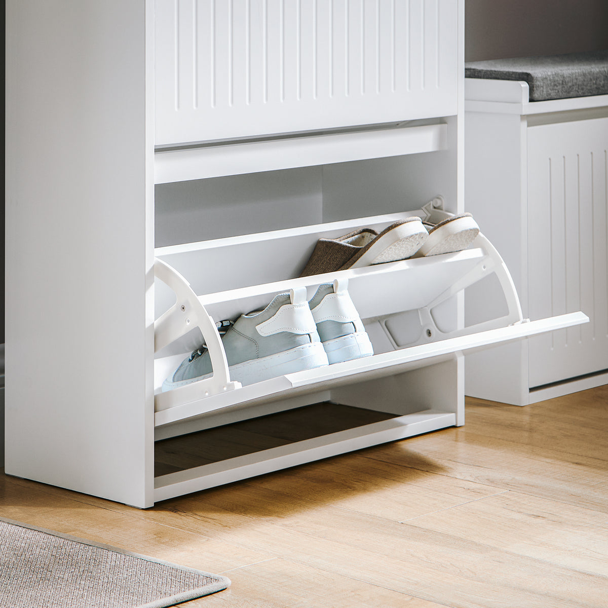 FSR165-W hidden handle detail flush door design sleek white shoe cabinet