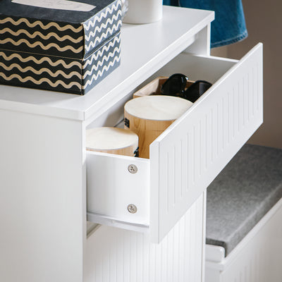 Slim white shoe cabinet 26cm deep in narrow UK hallway entryway modern minimalist