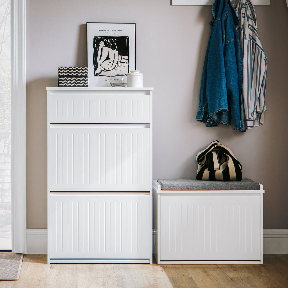SoBuy FSR165-W white slim shoe cabinet in modern hallway scene 26cm deep Nordic style